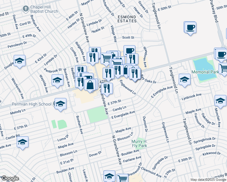 map of restaurants, bars, coffee shops, grocery stores, and more near 3866 Englewood Circle in Odessa