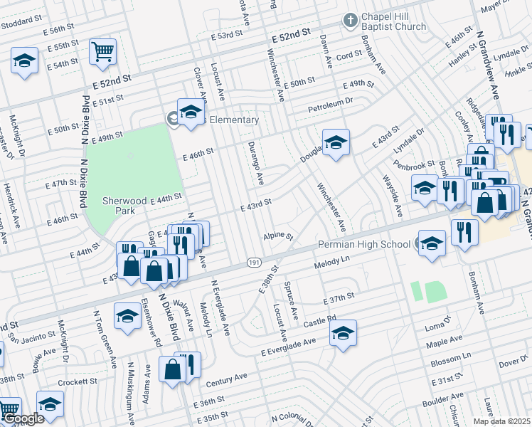 map of restaurants, bars, coffee shops, grocery stores, and more near 4217 Durango Avenue in Odessa