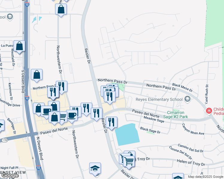 map of restaurants, bars, coffee shops, grocery stores, and more near 1776 Cimarron Square in El Paso