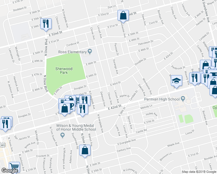 map of restaurants, bars, coffee shops, grocery stores, and more near 4224 Clover Avenue in Odessa