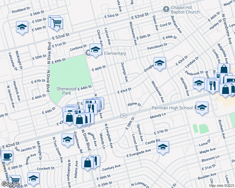 map of restaurants, bars, coffee shops, grocery stores, and more near 4224 Clover Avenue in Odessa