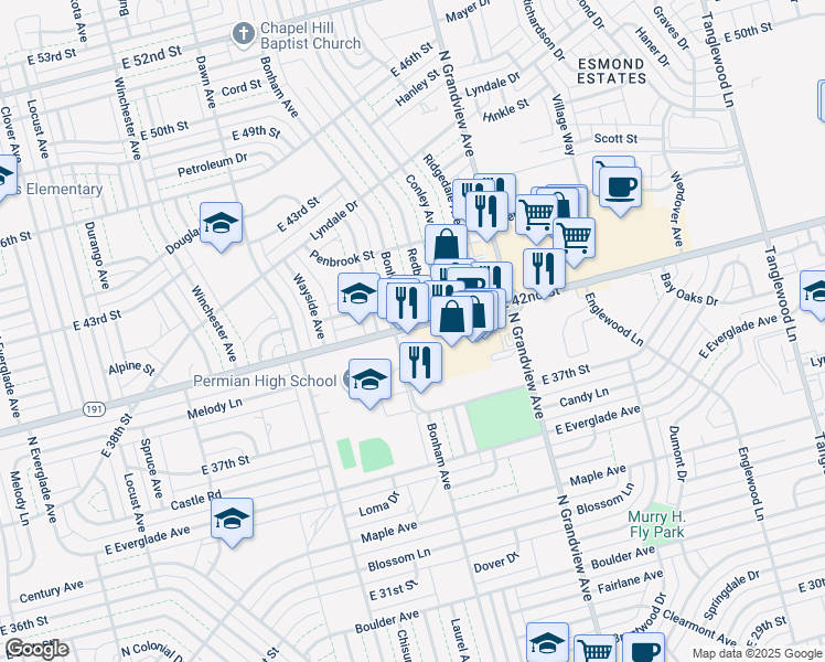 map of restaurants, bars, coffee shops, grocery stores, and more near 1920 E 42nd St in Odessa