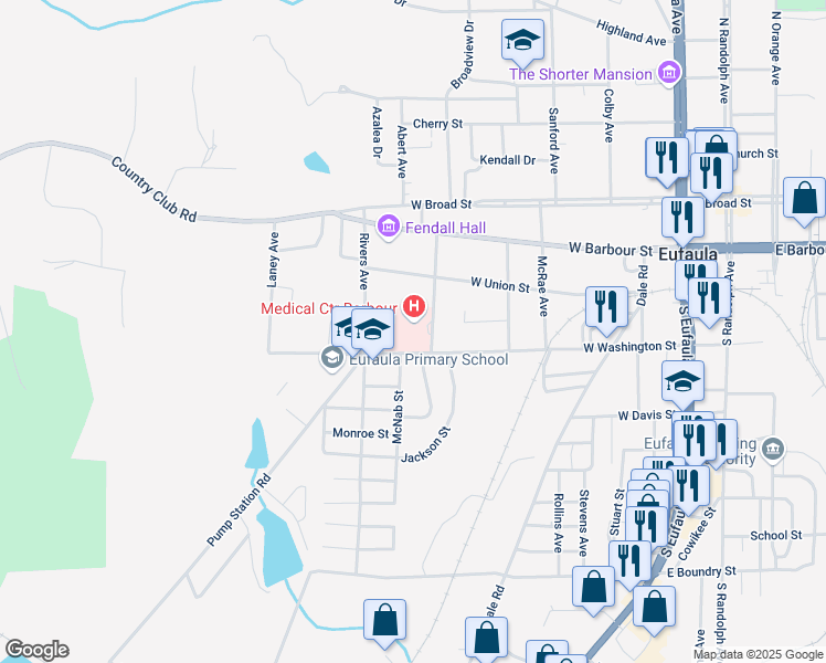 map of restaurants, bars, coffee shops, grocery stores, and more near 820 West Washington Street in Eufaula