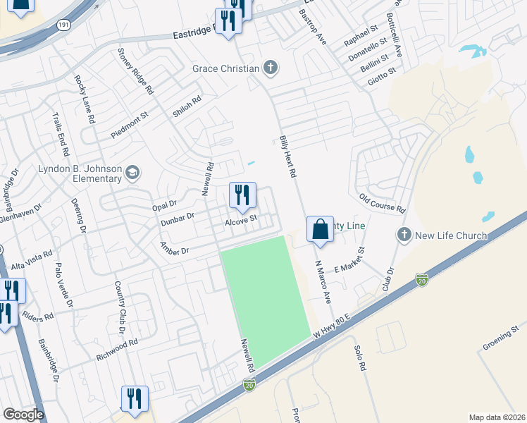 map of restaurants, bars, coffee shops, grocery stores, and more near Alcove Street in Odessa
