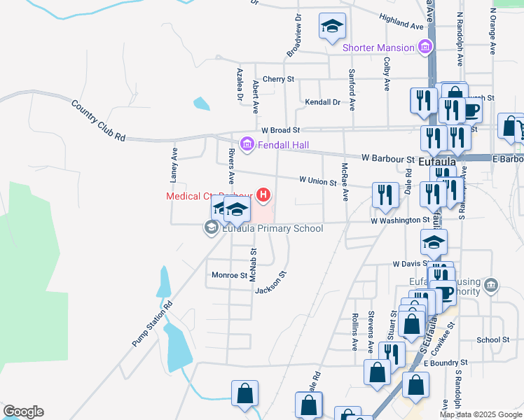 map of restaurants, bars, coffee shops, grocery stores, and more near 820 West Washington Street in Eufaula
