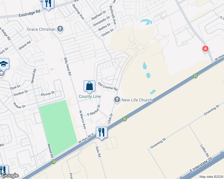 map of restaurants, bars, coffee shops, grocery stores, and more near 209 Old Course Road in Odessa