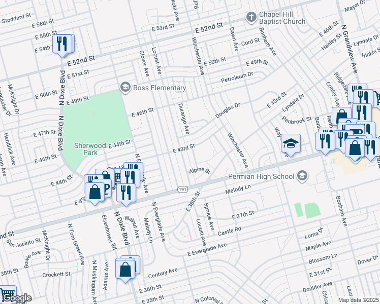 map of restaurants, bars, coffee shops, grocery stores, and more near 4217 Durango Avenue in Odessa