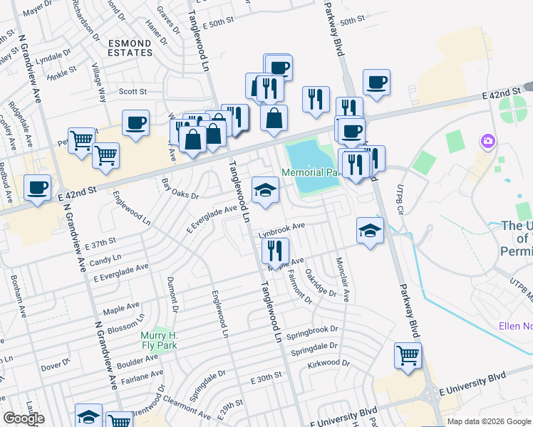 map of restaurants, bars, coffee shops, grocery stores, and more near 4101 Lynbrook Avenue in Odessa