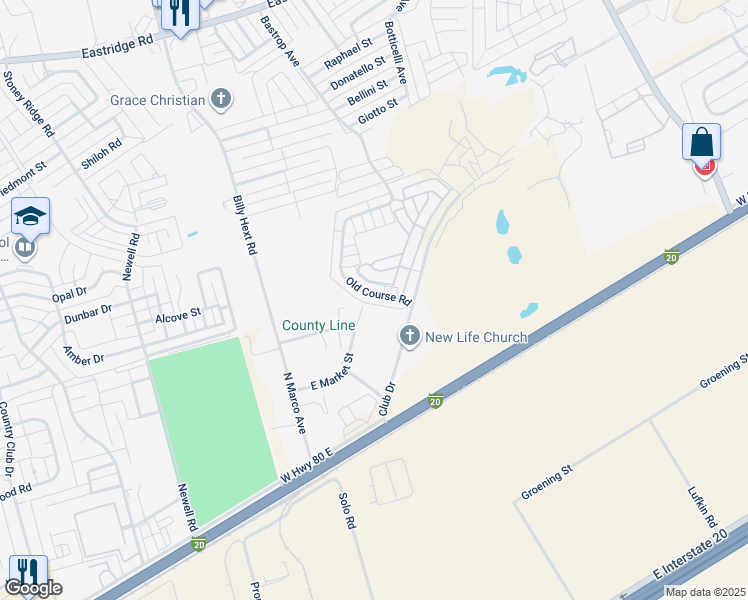 map of restaurants, bars, coffee shops, grocery stores, and more near 209 Old Course Road in Odessa