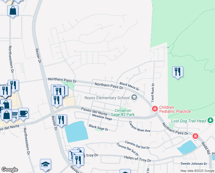 map of restaurants, bars, coffee shops, grocery stores, and more near 7353 Gulf Creek Drive in El Paso