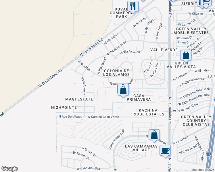 map of restaurants, bars, coffee shops, grocery stores, and more near 755 West Rio Moctezuma in Green Valley