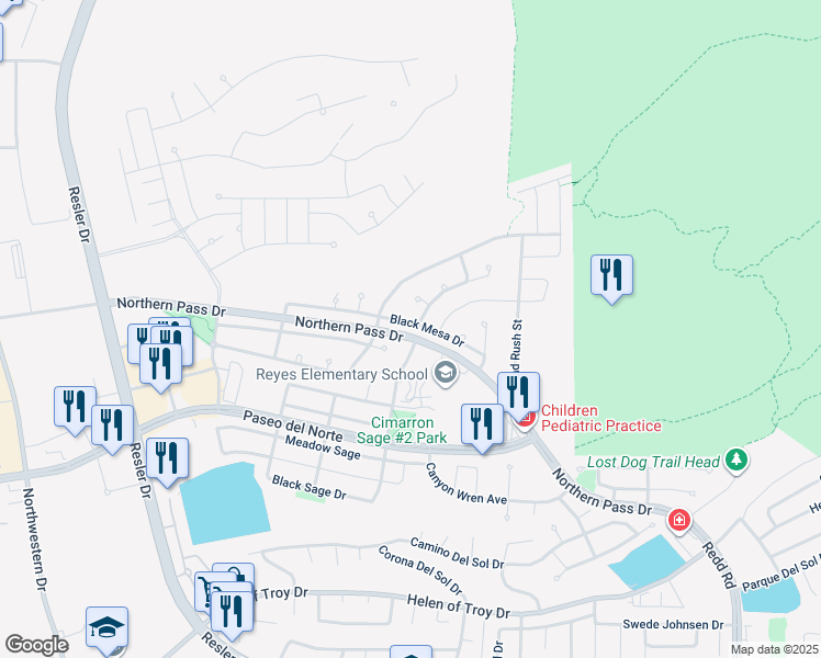 map of restaurants, bars, coffee shops, grocery stores, and more near 7336 Black Mesa Drive in El Paso