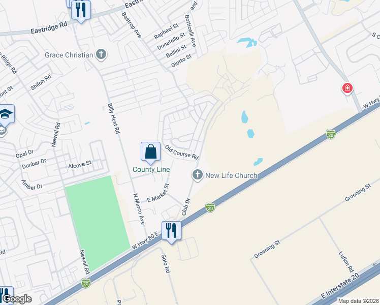 map of restaurants, bars, coffee shops, grocery stores, and more near 209 Old Course Road in Odessa