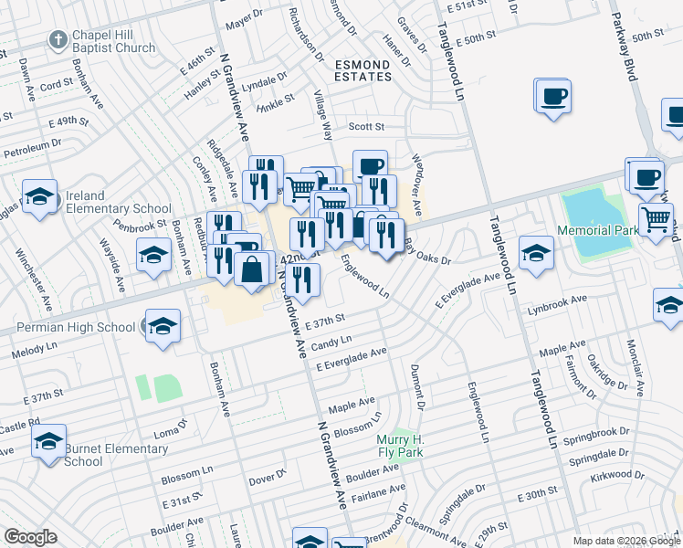 map of restaurants, bars, coffee shops, grocery stores, and more near 3866 Englewood Circle in Odessa