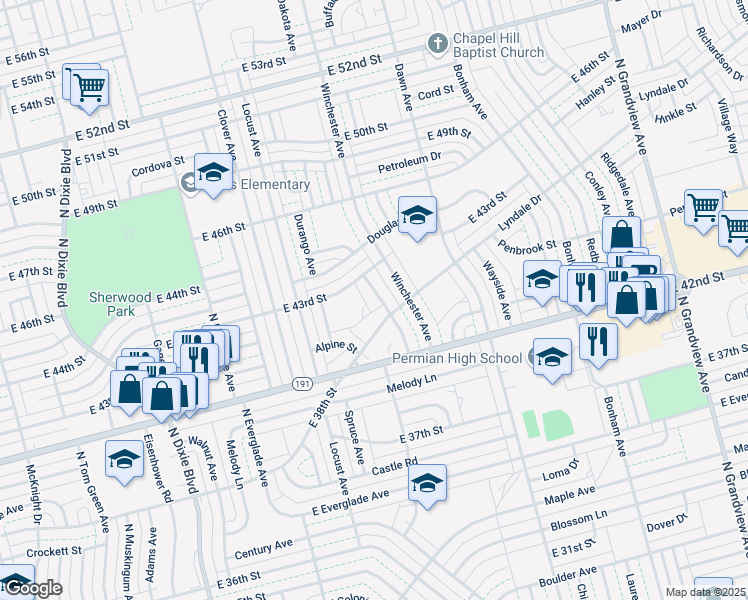 map of restaurants, bars, coffee shops, grocery stores, and more near 4219 Dakota Avenue in Odessa