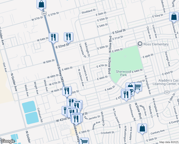 map of restaurants, bars, coffee shops, grocery stores, and more near 4609 Hendrick Ave in Odessa