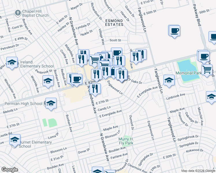 map of restaurants, bars, coffee shops, grocery stores, and more near 3839 East 37th Street in Odessa