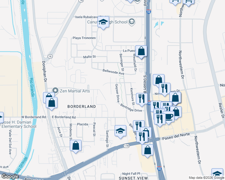 map of restaurants, bars, coffee shops, grocery stores, and more near 6509 Latimer Place in El Paso