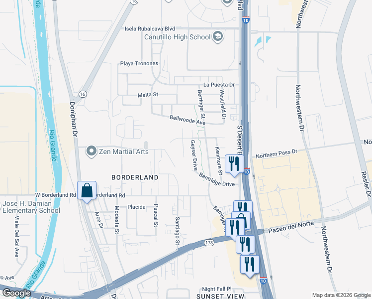 map of restaurants, bars, coffee shops, grocery stores, and more near 6509 Latimer Place in El Paso