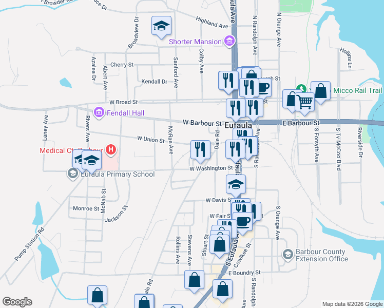 map of restaurants, bars, coffee shops, grocery stores, and more near 360 West Washington Street in Eufaula