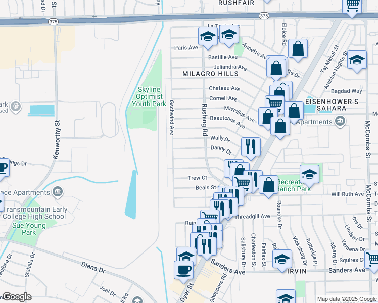 map of restaurants, bars, coffee shops, grocery stores, and more near 5108 Wally Drive in El Paso