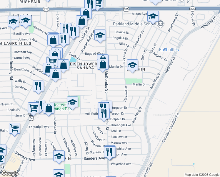 map of restaurants, bars, coffee shops, grocery stores, and more near 5817 Marlin Drive in El Paso
