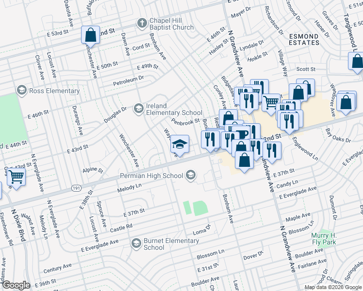 map of restaurants, bars, coffee shops, grocery stores, and more near 1805 Fernwood St in Odessa
