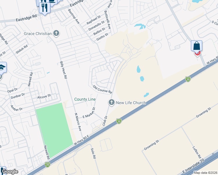 map of restaurants, bars, coffee shops, grocery stores, and more near 1 Club Drive in Odessa