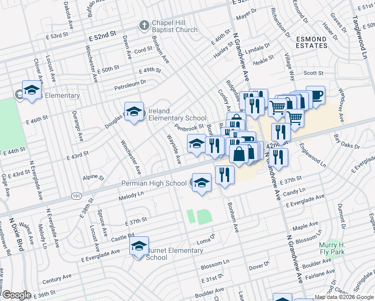 map of restaurants, bars, coffee shops, grocery stores, and more near 1805 Fernwood Street in Odessa
