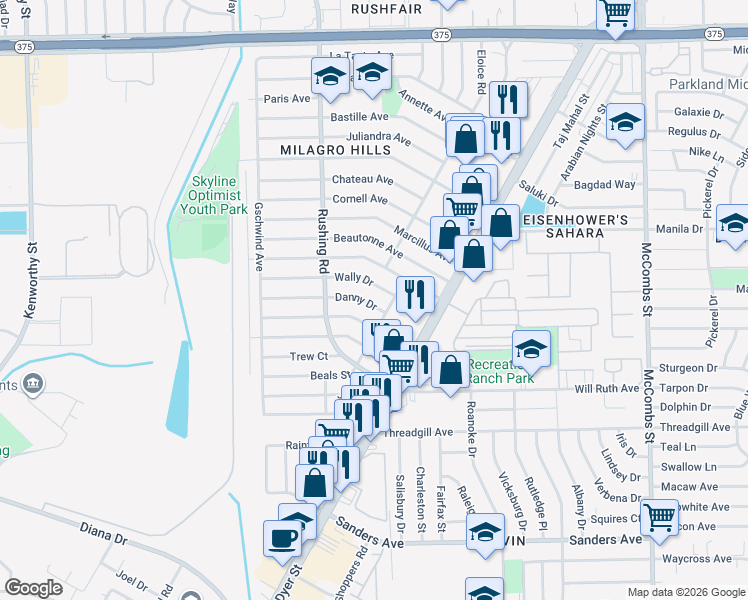 map of restaurants, bars, coffee shops, grocery stores, and more near 5210 Wally Drive in El Paso