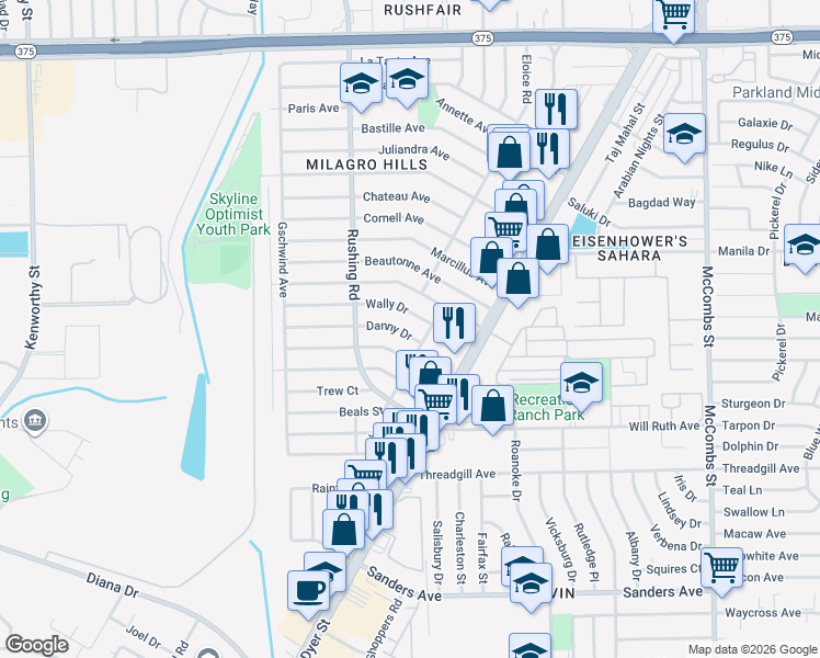map of restaurants, bars, coffee shops, grocery stores, and more near 5210 Wally Drive in El Paso