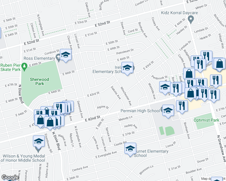 map of restaurants, bars, coffee shops, grocery stores, and more near 4223 Dakota Avenue in Odessa