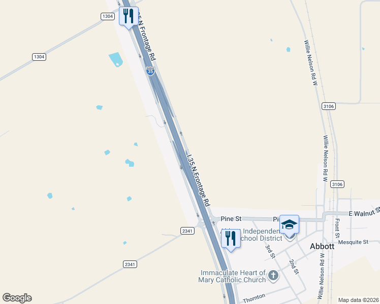 map of restaurants, bars, coffee shops, grocery stores, and more near 1006 Interstate 35 in Abbott