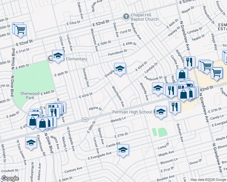 map of restaurants, bars, coffee shops, grocery stores, and more near 4223 Winchester Avenue in Odessa
