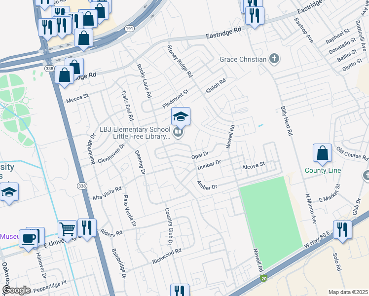 map of restaurants, bars, coffee shops, grocery stores, and more near 6420 Amber Drive in Odessa