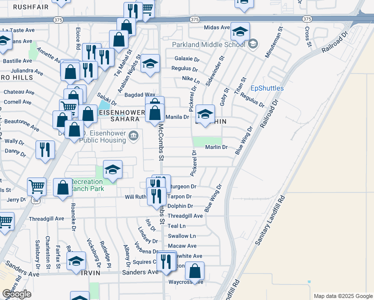 map of restaurants, bars, coffee shops, grocery stores, and more near 5841 Marlin Drive in El Paso