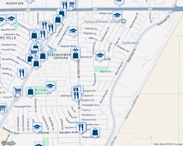 map of restaurants, bars, coffee shops, grocery stores, and more near 5841 Marlin Drive in El Paso
