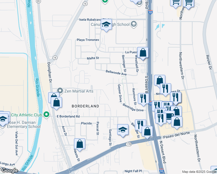 map of restaurants, bars, coffee shops, grocery stores, and more near 6545 Latimer Place in El Paso