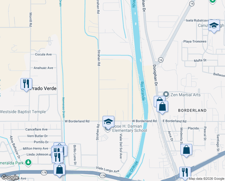 map of restaurants, bars, coffee shops, grocery stores, and more near 6568 Strahan Road in Canutillo