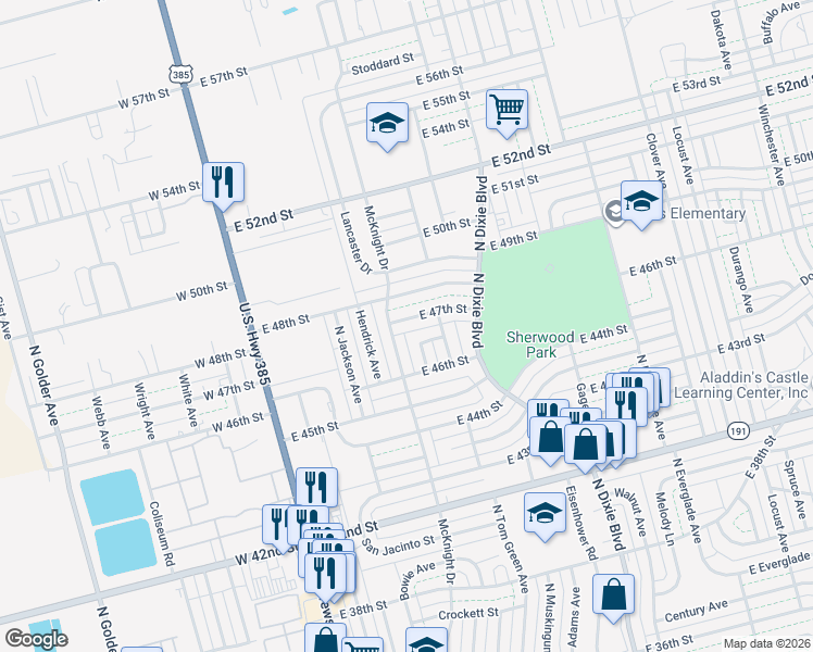 map of restaurants, bars, coffee shops, grocery stores, and more near 405 East 47th Street in Odessa