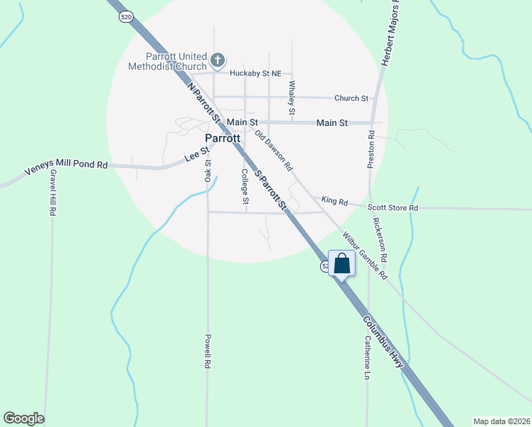 map of restaurants, bars, coffee shops, grocery stores, and more near Pecan Street in Parrott
