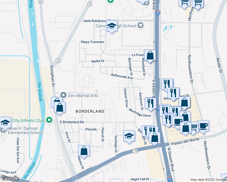 map of restaurants, bars, coffee shops, grocery stores, and more near 6545 Latimer Place in El Paso