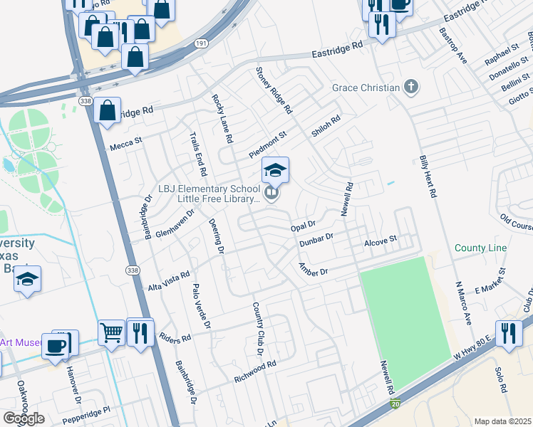 map of restaurants, bars, coffee shops, grocery stores, and more near 6412 Amber Drive in Odessa