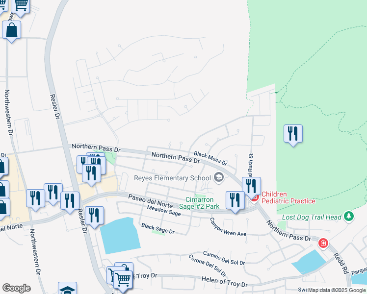 map of restaurants, bars, coffee shops, grocery stores, and more near 1694 Catesby Way in El Paso
