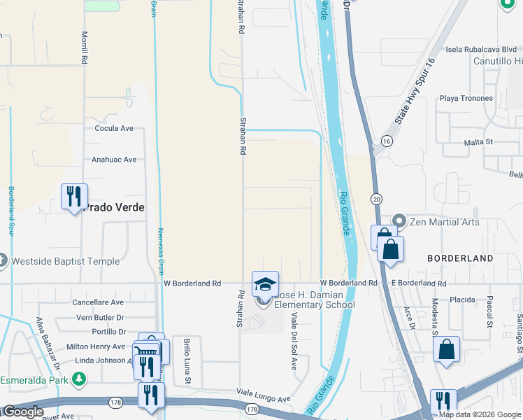 map of restaurants, bars, coffee shops, grocery stores, and more near 6476 Strahan Road in El Paso