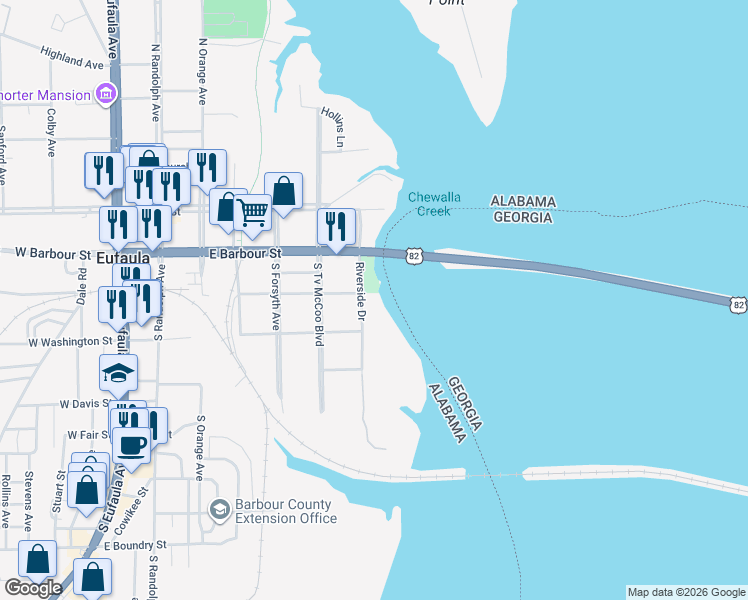 map of restaurants, bars, coffee shops, grocery stores, and more near 317 Riverside Drive in Eufaula