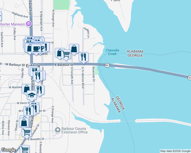 map of restaurants, bars, coffee shops, grocery stores, and more near 317 Riverside Drive in Eufaula