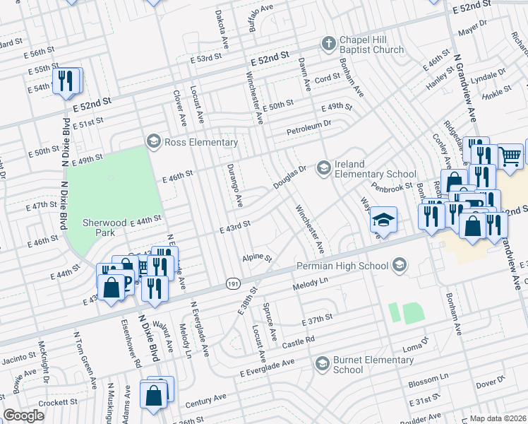 map of restaurants, bars, coffee shops, grocery stores, and more near 1521 East 43rd Street in Odessa
