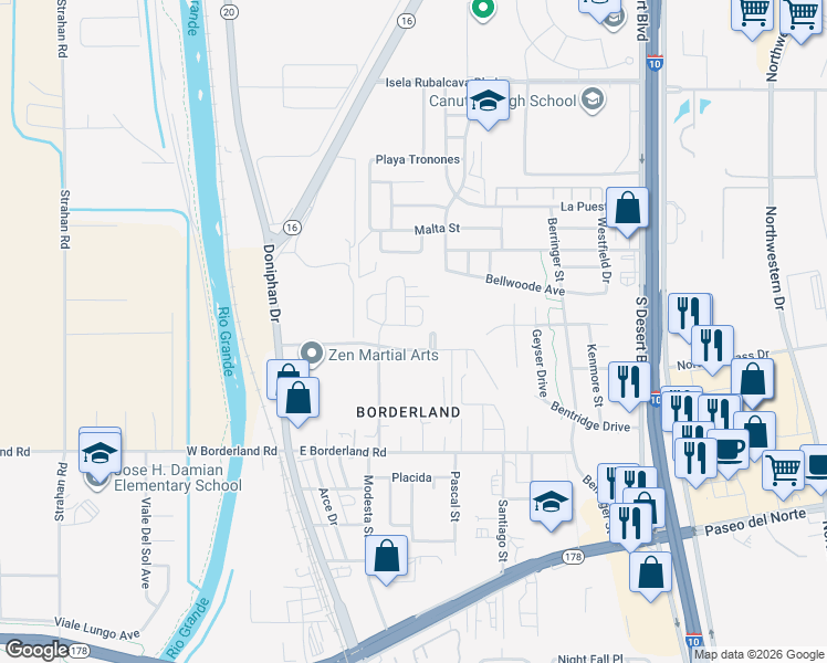 map of restaurants, bars, coffee shops, grocery stores, and more near 261 Easy Way in El Paso