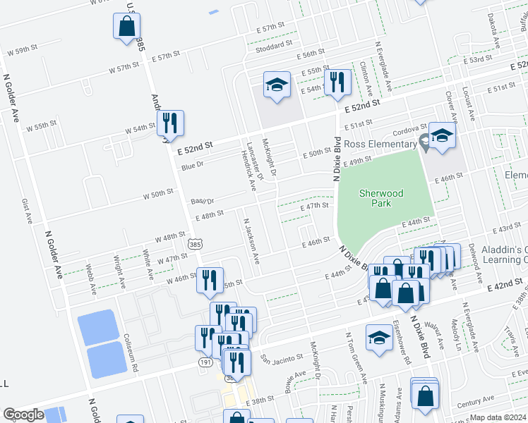 map of restaurants, bars, coffee shops, grocery stores, and more near 4624 Hendrick Avenue in Odessa